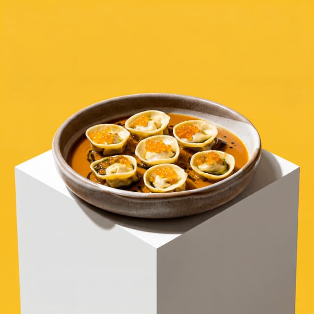 Sichuan chili crisp oil drizzled over steamed dumplings — bold condiment brand ad creative