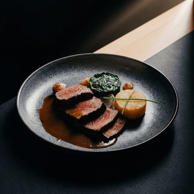 Seared A5 wagyu sirloin with wasabi cream — Japanese fine dining menu photography for consultant portfolio