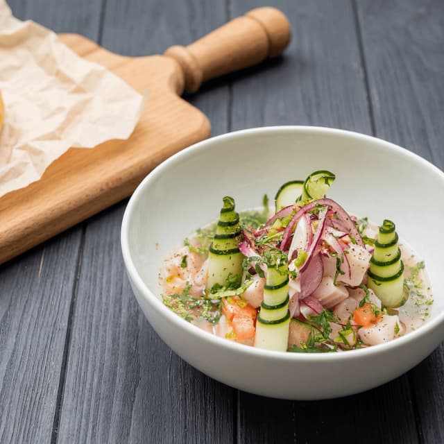 Nikkei poda ceviche with mackerel and leche de tigre — Peruvian fusion menu photography