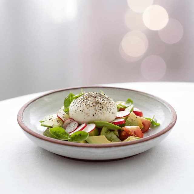 Grilled peach and burrata salad with prosciutto crisps and basil — sponsored food content photography