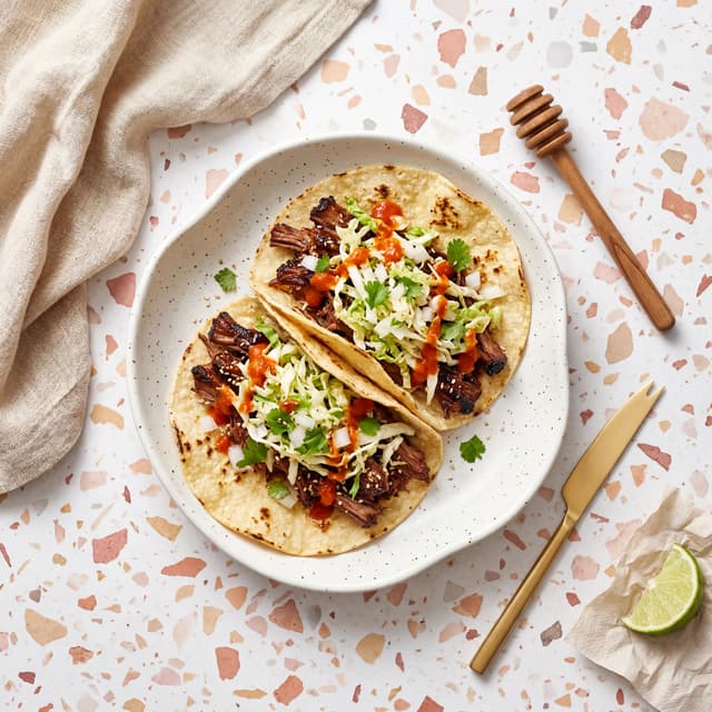 Korean short rib taco with kogi slaw and salsa roja on corn tortillas