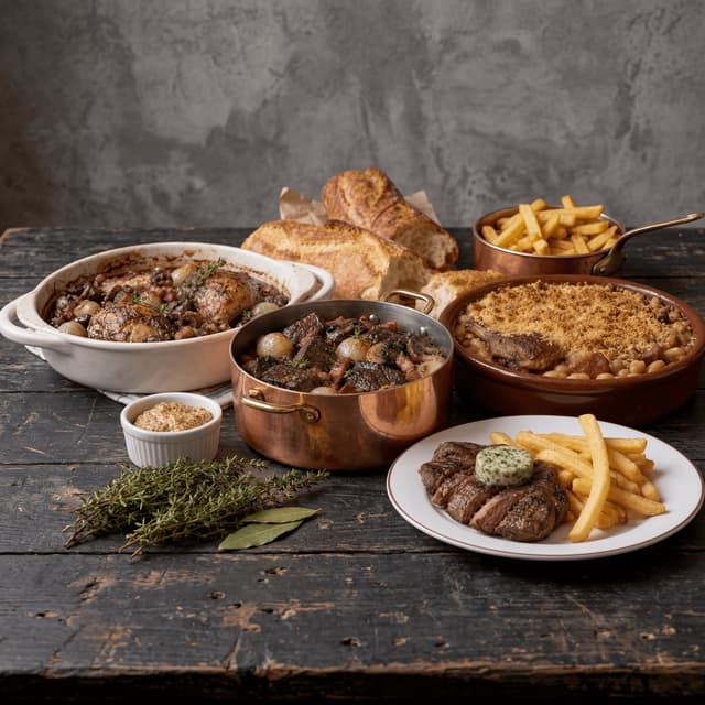 French bistro classics boeuf bourguignon coq au vin cassoulet copper dark walnut — bistro card photography