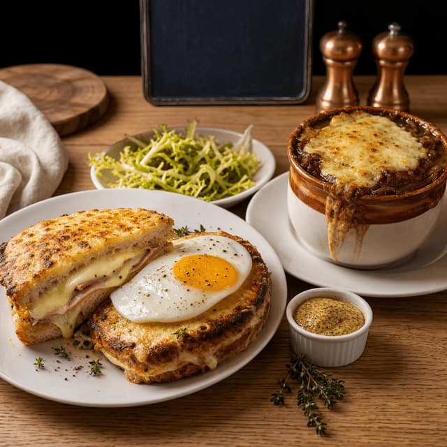 Croque monsieur madame french onion soup broiled cheese cozy warm wood — croque card photography