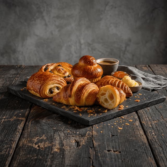 French boulangerie croissant pain au chocolat brioche viennoiserie dark monolith — boulangerie card photography