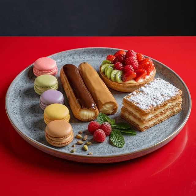French patisserie macarons eclairs fruit tarts pastel red cafe brunch — patisserie card photography