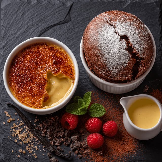 Creme brulee souffle cracked sugar peak rise dark slate top down — souffle card photography