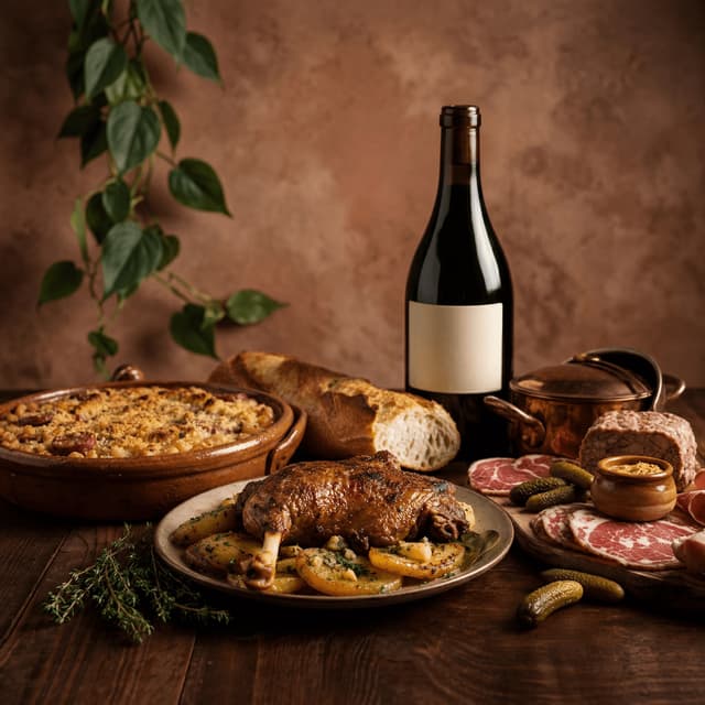 Duck confit crispy skin cassoulet charcuterie board country french rustic dark — duck confit card photography