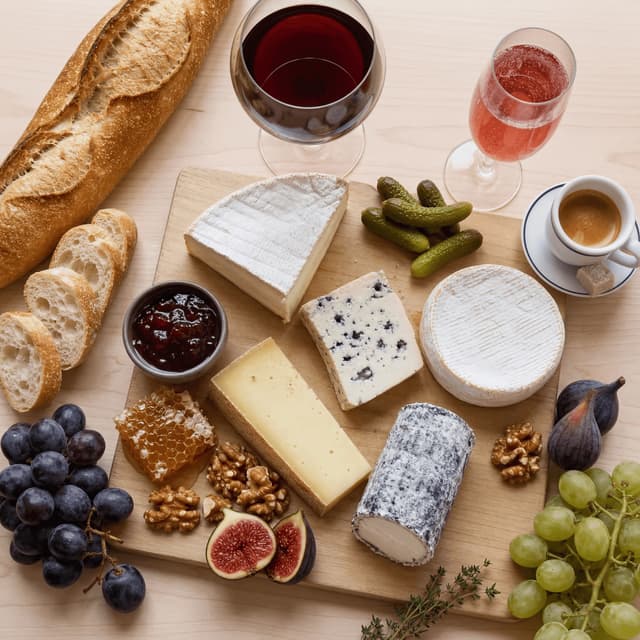French wine aperitif bordeaux cheese plate kir royale espresso light wood board — wine card photography