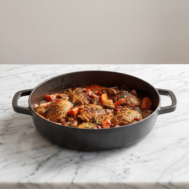 Coq au vin braised chicken red wine mushrooms pearl onions lardons copper pot — coq au vin hero photography