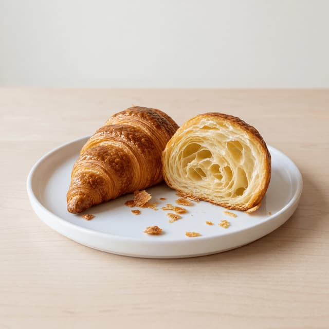 Croissant cross section honeycomb layers golden flaky butter laminated boulangerie — croissant hero photography