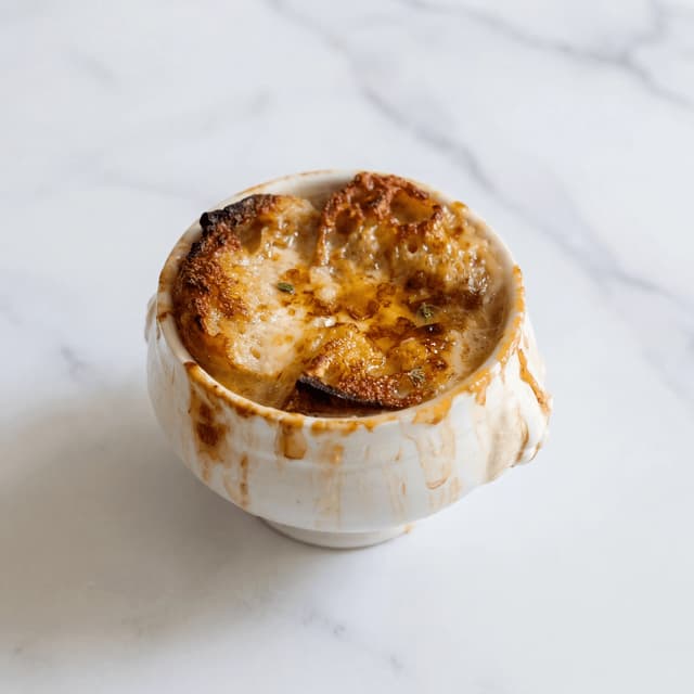 French onion soup gratinee broiled gruyere cheese cap crock caramelized onion — onion soup hero photography
