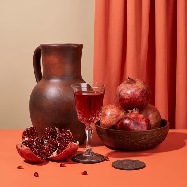 Split-open pomegranate with ruby arils spilling on dark walnut — Turkish produce fruit photography