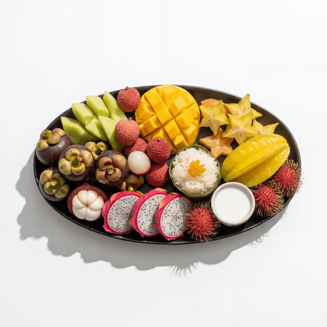 Tropical fruit mosaic platter with mango rambutan mangosteen watermelon and hibiscus flowers — Thai tropical fruit platter photography