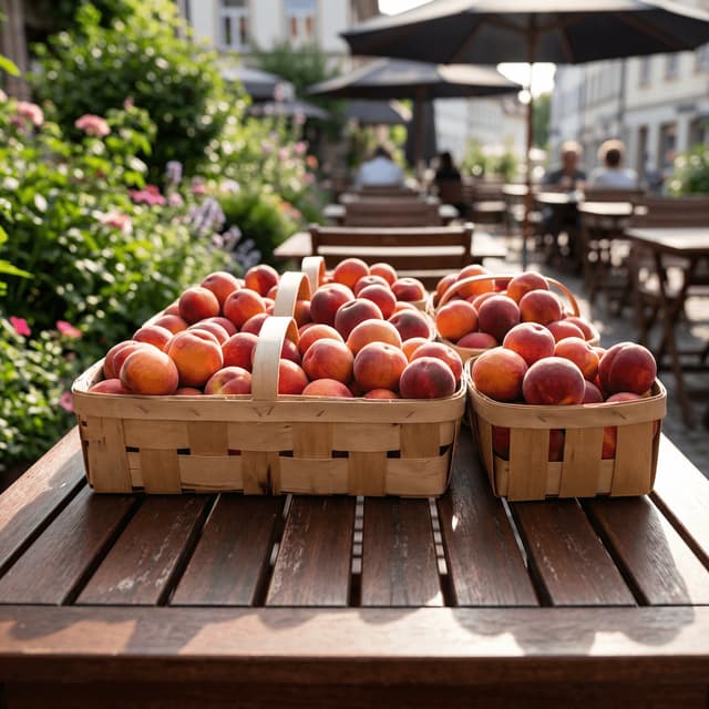Farmers market stone fruit stall with peaches plums apricots and Yorkshire rhubarb in wooden crates — British produce display photography