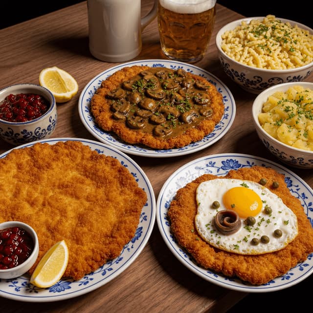 Schnitzel varieties wiener jager holstein golden breading lemon dark walnut board — schnitzel card photography