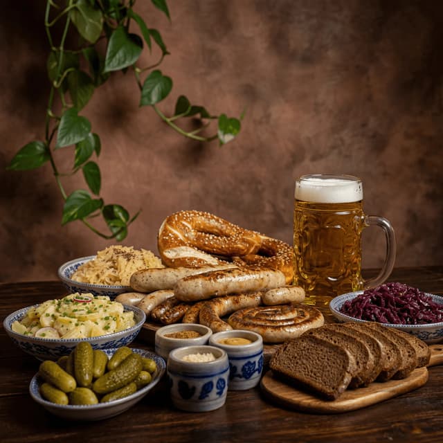 Oktoberfest spread bratwurst sausage variety pretzel sauerkraut potato salad communal rustic dark — oktoberfest card photography