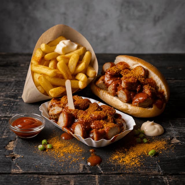Currywurst berlin sliced sausage curry ketchup paprika fries dark monolith — currywurst card photography