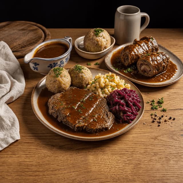 Sauerbraten german pot roast gravy red cabbage spaetzle dumpling cozy warm wood — sauerbraten card photography