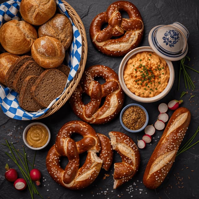 Bavarian pretzels bread service lye crust obatzda mustard brotchen overhead slate — pretzel card photography