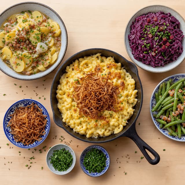 German spaetzle sides kasespatzle kartoffelsalat potato salad red cabbage overhead light wood — spaetzle card photography