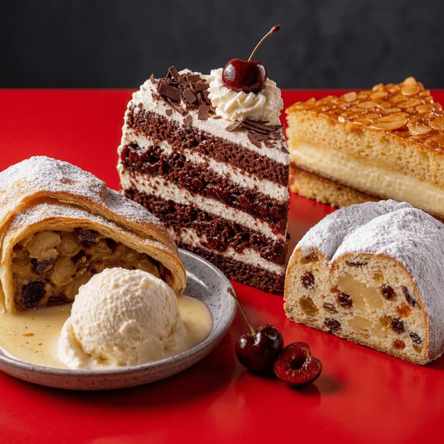 German desserts apfelstrudel black forest cake cherry cream powdered sugar red cafe brunch — strudel card photography