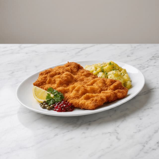 Wiener schnitzel golden breaded veal cutlet lemon wedge parsley lingonberry plate — schnitzel hero photography