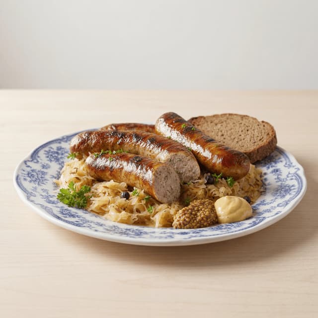 Bratwurst grilled german sausages sauerkraut mustard plate char casing snap — bratwurst hero photography