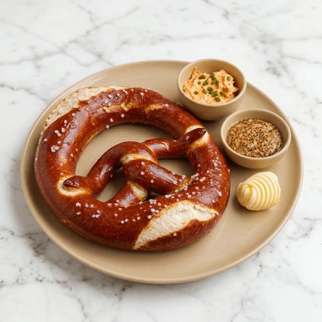 Bavarian pretzel lye crust mahogany sheen coarse salt butter brezel plate — pretzel hero photography