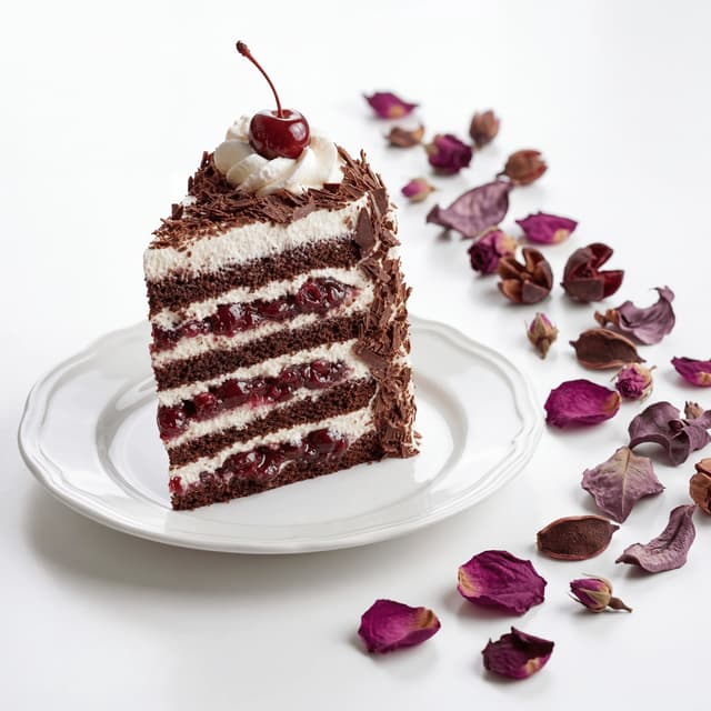 Black forest cake schwarzwald slice cherries cream chocolate layers kirsch — black forest hero photography
