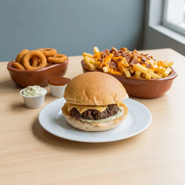 Klassisk enkel cheeseburger på treplanke — matfotografering for ghost kitchen burger-merke
