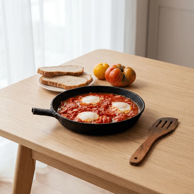 Panne-shakshuka med posjerte egg og rustikt brød — matfotografering for ghost kitchen frokostlevering