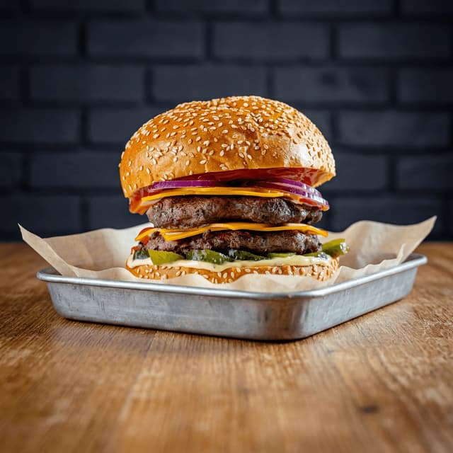 Dobbel smash-cheeseburger med rødløk og sennep på sesambrød — matfotografering for ghost kitchen burger-merke