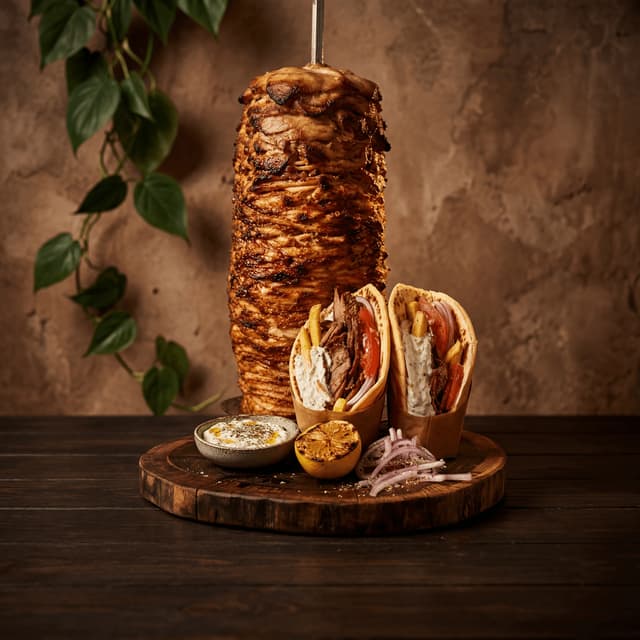Gyros vertical spit shaved meat pita wraps tzatziki rustic dark taverna — gyros card photography
