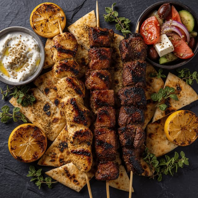 Souvlaki skewers trio chicken pork lamb char grilled coals lemon overhead slate — souvlaki card photography