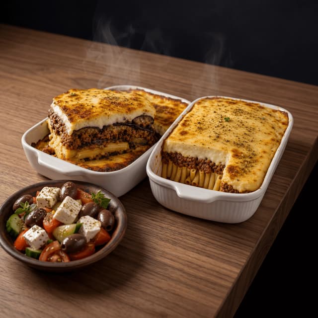 Moussaka pastitsio bechamel layered casserole cross sections walnut dark — moussaka card photography
