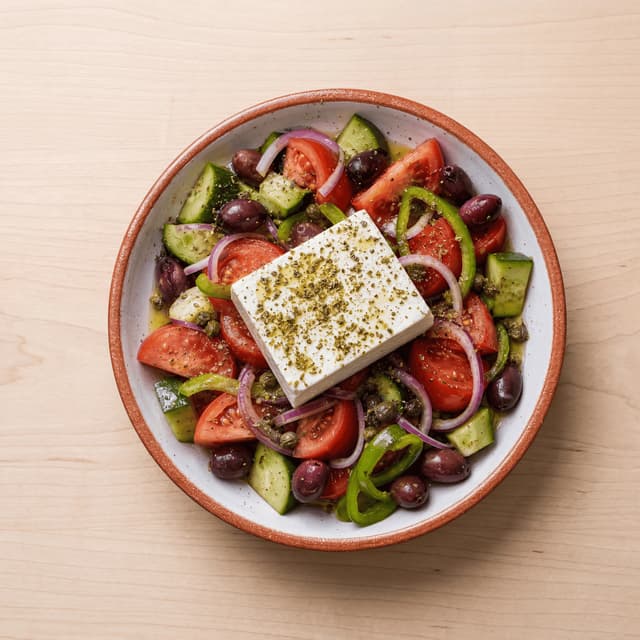 Horiatiki greek salad tomato cucumber feta block olives oregano overhead light wood — greek salad card photography