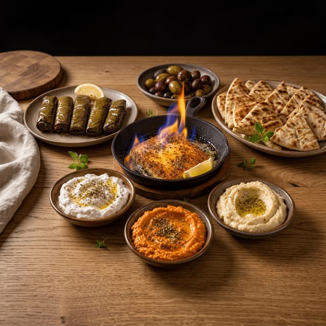 Greek mezze saganaki flambe tzatziki dips dolmades cozy warm wood — mezze card photography