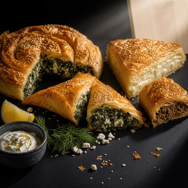 Spanakopita tiropita phyllo pies golden crisp cross section dark monolith — phyllo card photography