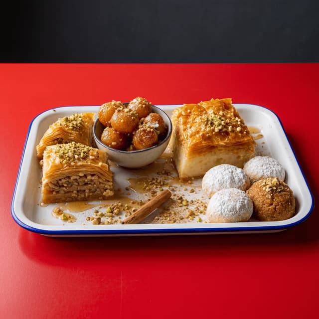 Greek desserts baklava loukoumades galaktoboureko honey tray red brunch — greek dessert card photography