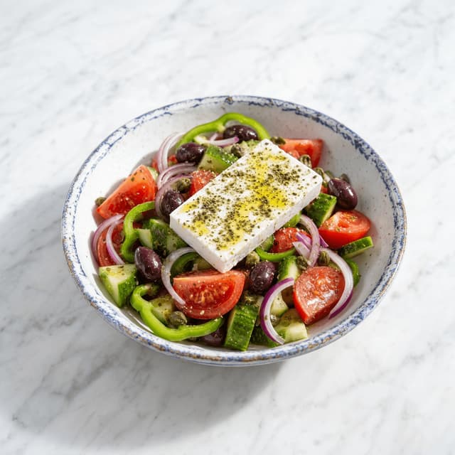 Greek salad horiatiki tomato cucumber feta block olives oregano olive oil bowl — greek salad hero photography