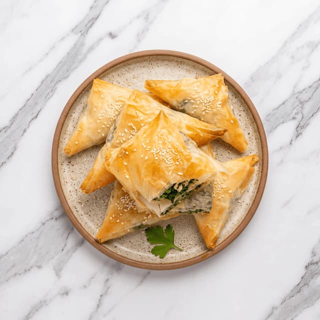 Spanakopita spinach feta phyllo triangle golden crisp cross section overhead — spanakopita hero photography