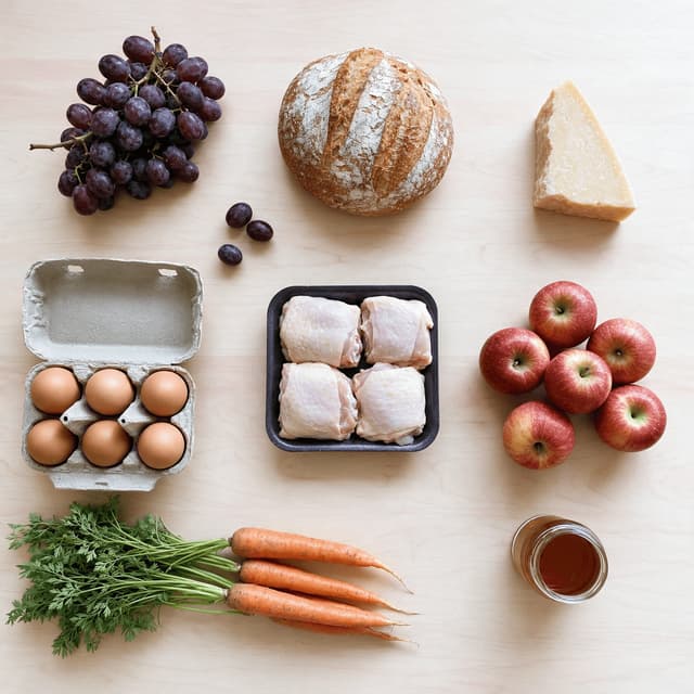 Ảnh chụp từ trên xuống bày các mặt hàng khuyến mãi trong tuần gồm nho bánh mì phô mai trứng và gà