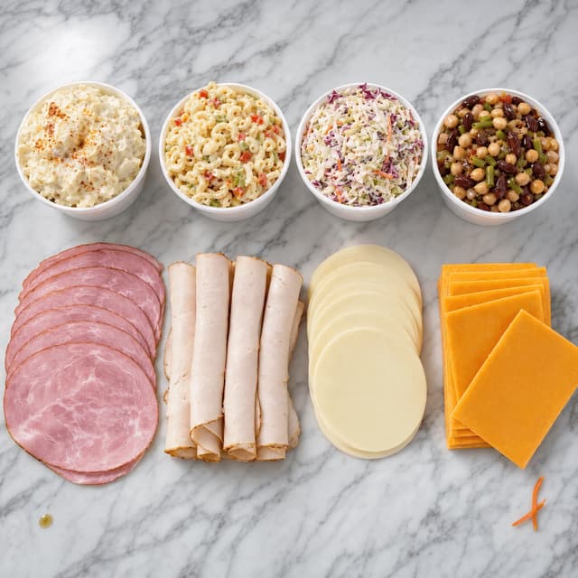 Ảnh chụp từ trên xuống bày các món salad deli trong hộp trắng bên cạnh lát giăm bông gà tây và phô mai xòe quạt