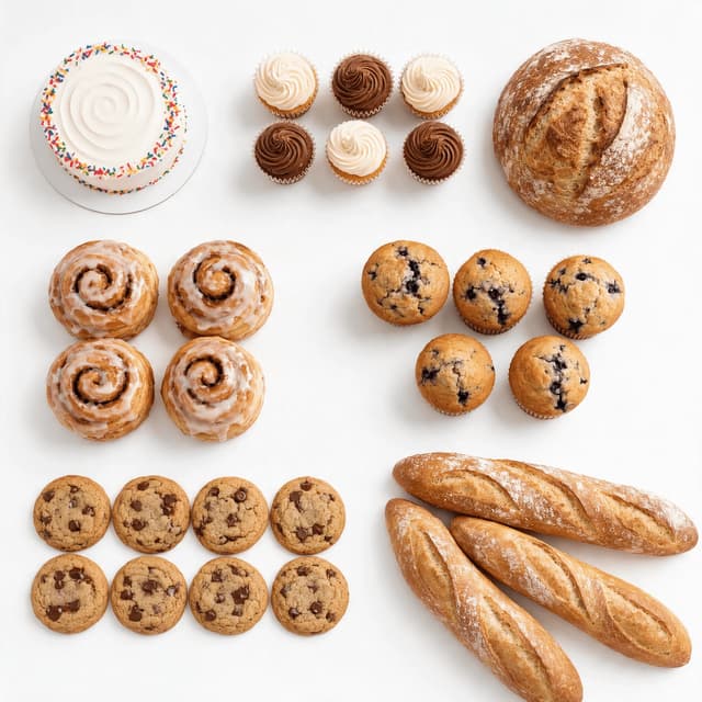 Ảnh chụp từ trên xuống bày các món bánh gồm bánh kem phủ kem cupcake bánh quy bánh mì cuộn và muffin