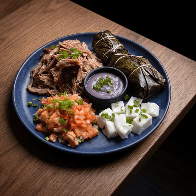 Kalua pork lau lau taro leaf bundles dark walnut Hawaiian luau — kalua lau lau card photography