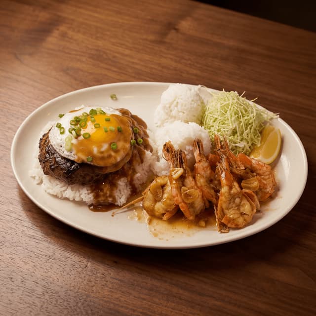 Loco moco garlic shrimp plates warm cantina island bowl pair — loco moco garlic shrimp card photography