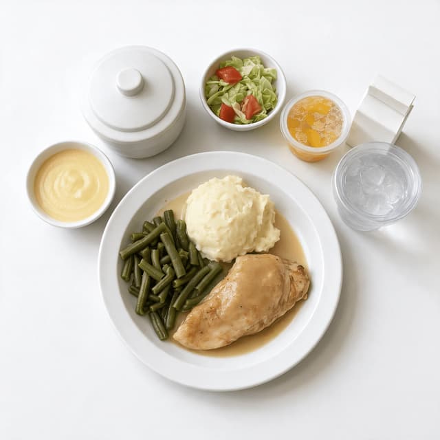 Complete patient meal set with entree plate, lidded soup bowl, side salad, fruit cup, pudding, milk carton and water