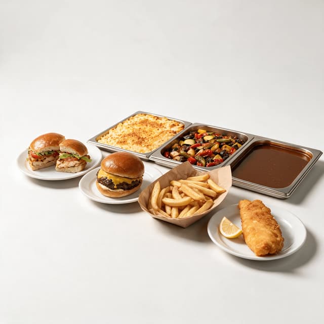 Spread of retail servery hot line items including a grilled chicken sandwich, burger, fries and hot entree pans