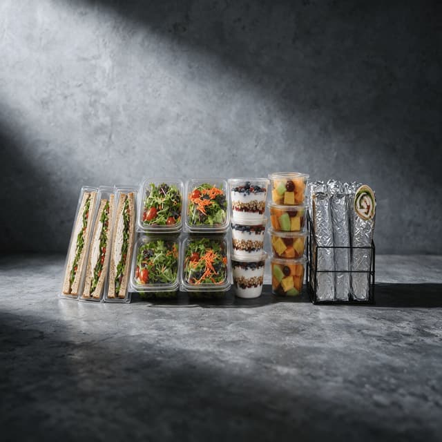 Grab-and-go line-up of packaged sandwich boxes, clamshell salads, yoghurt parfaits, fruit tubs and foil-wrapped wraps