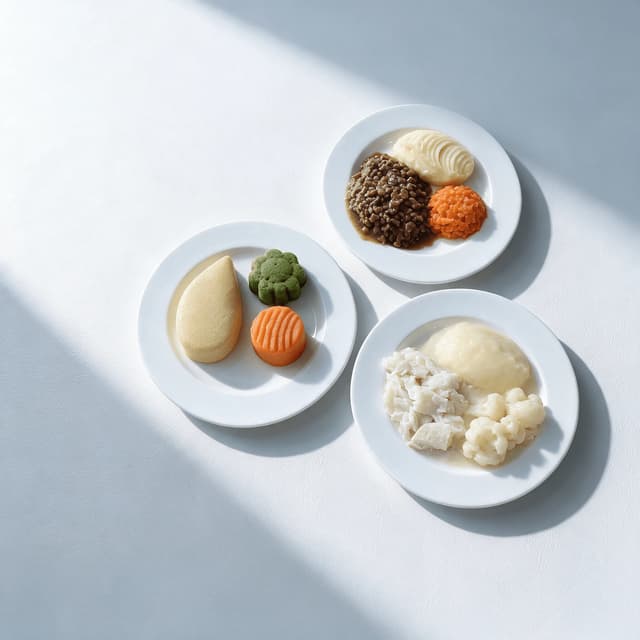 Three texture-modified meal plates showing shaped puree portions, minced and moist food and a soft diet plate